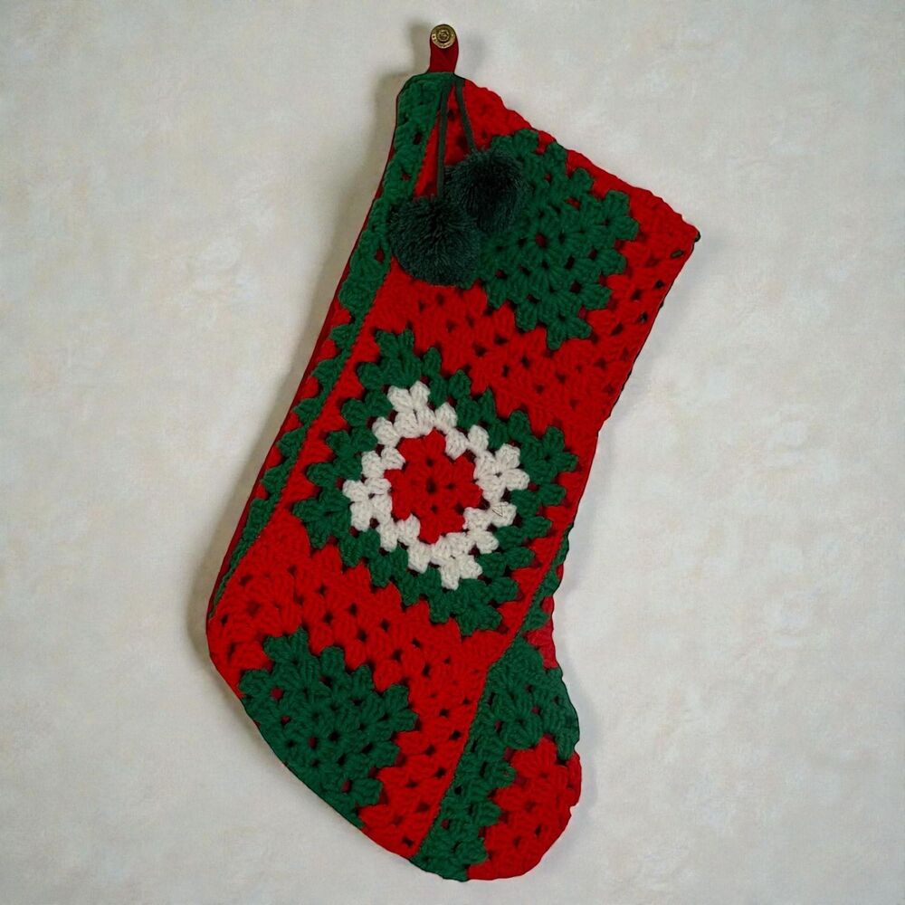 Set of 2 Handmade Christmas Stockings: Granny Square Red and Green with Poms